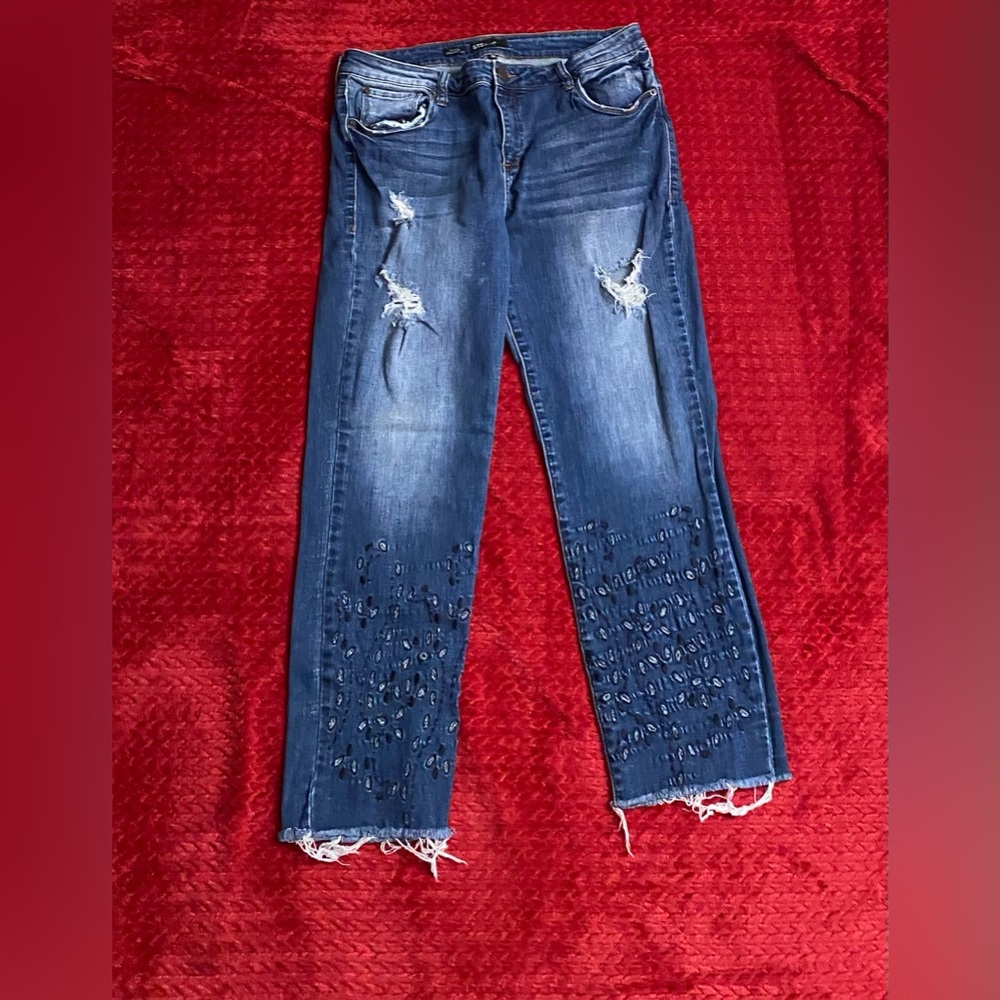 STS Blue Taylor Straight Leg Distressed Raw-Hem Embroidered Denim Jean Women 32